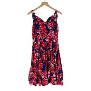 Aryeh Tropical Floral A-Line Cotton Sundress Red Navy Back Zip Size M Medium